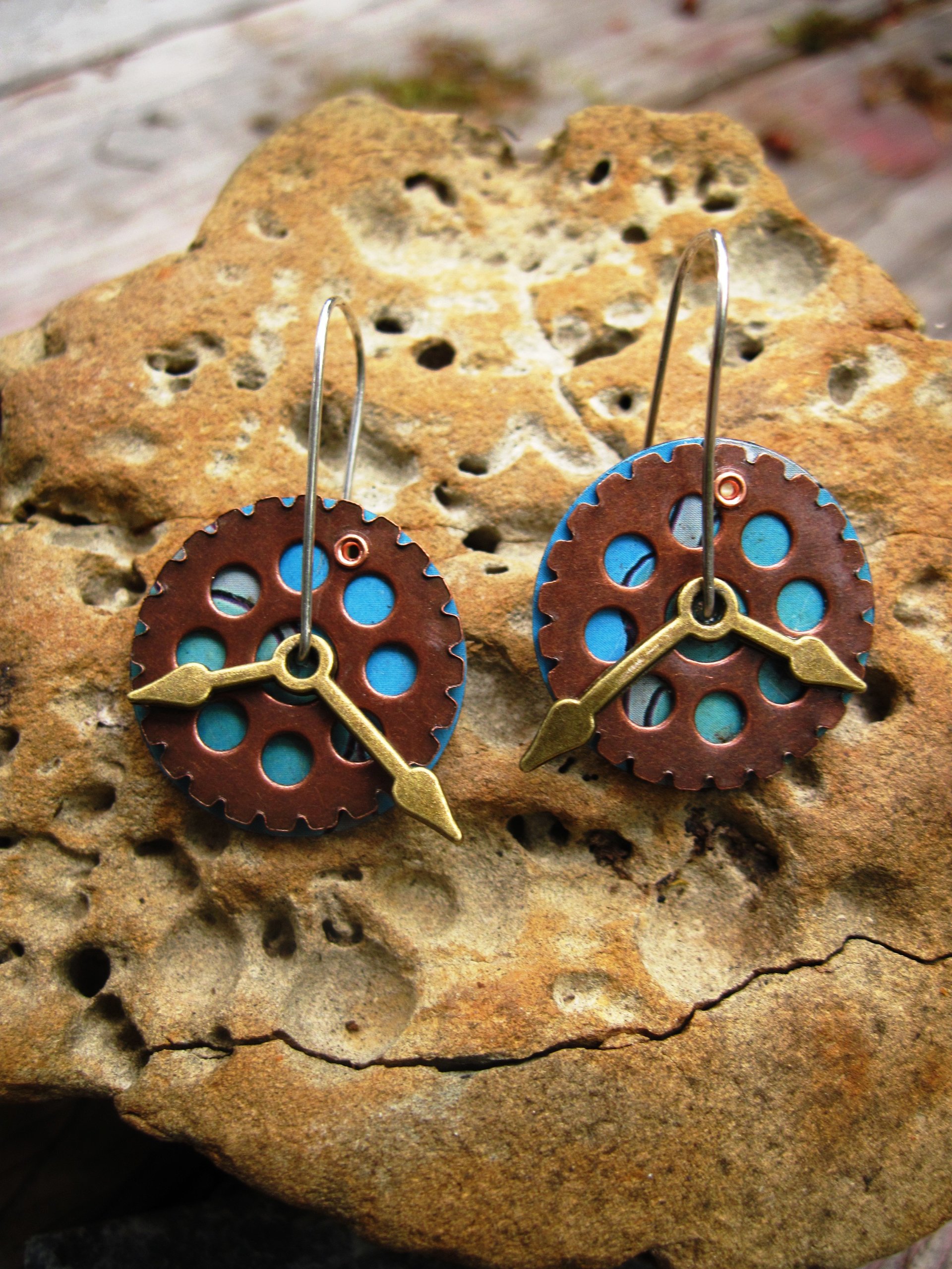 Steampunk clock tin leverback hoop earrings