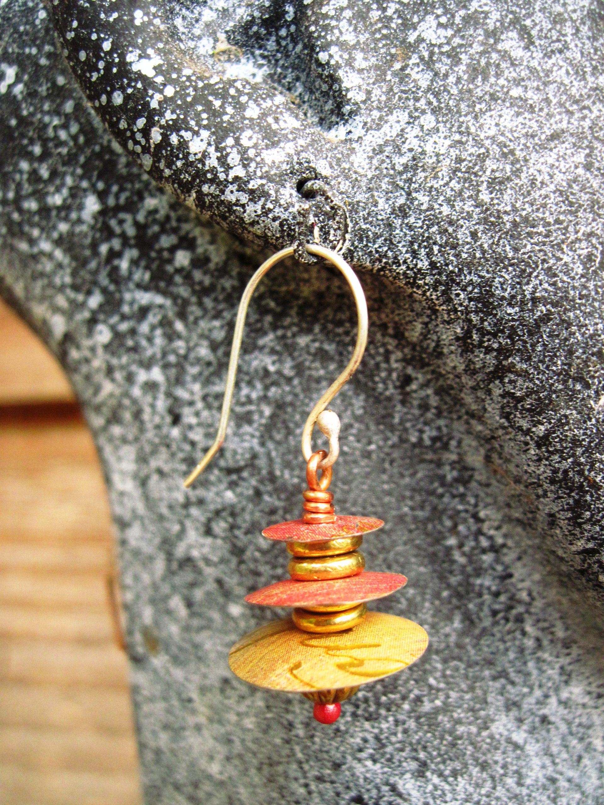 Recycled tin Asian inspired dangle earring with brass and copper
