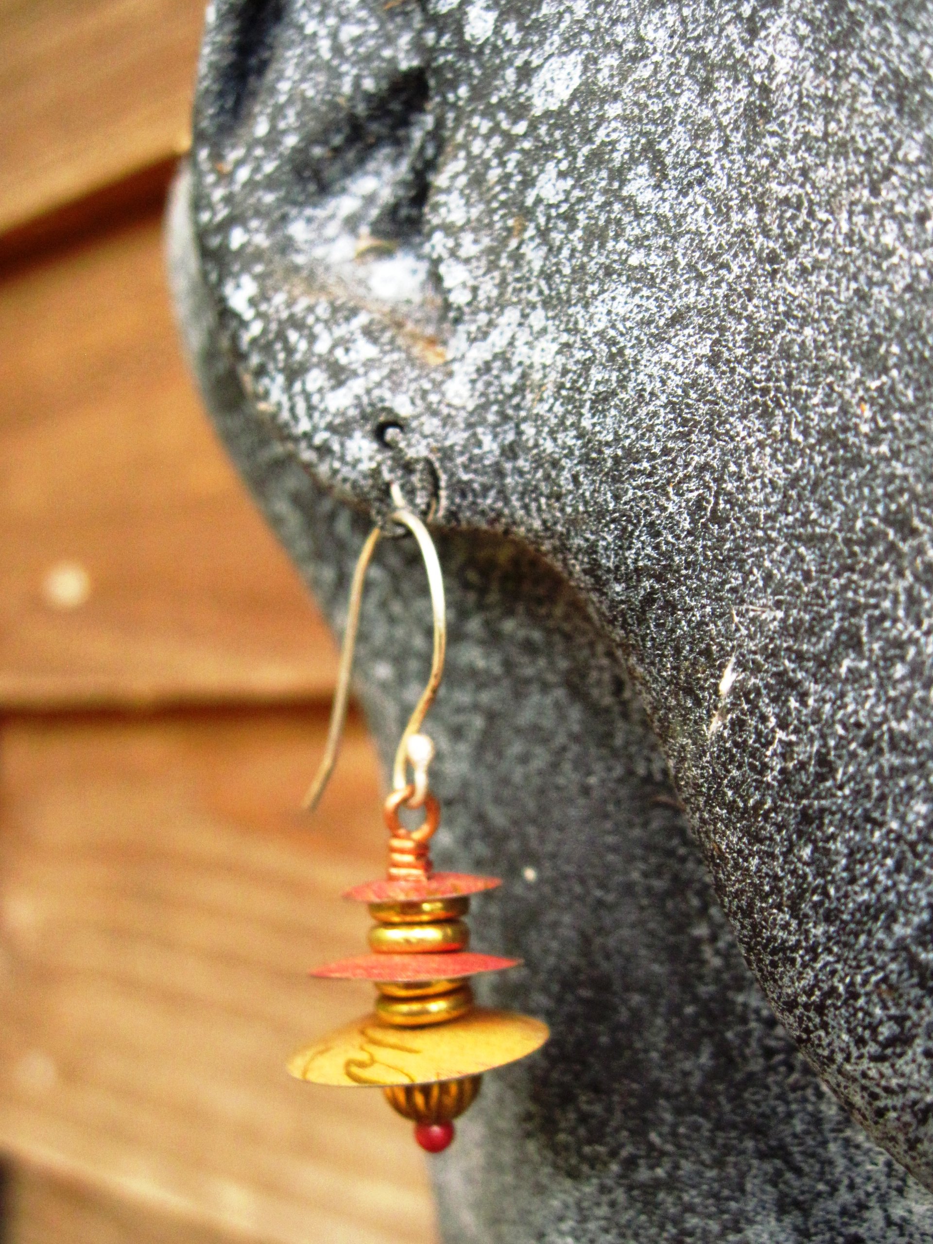 Recycled tin Asian inspired dangle earring with brass and copper
