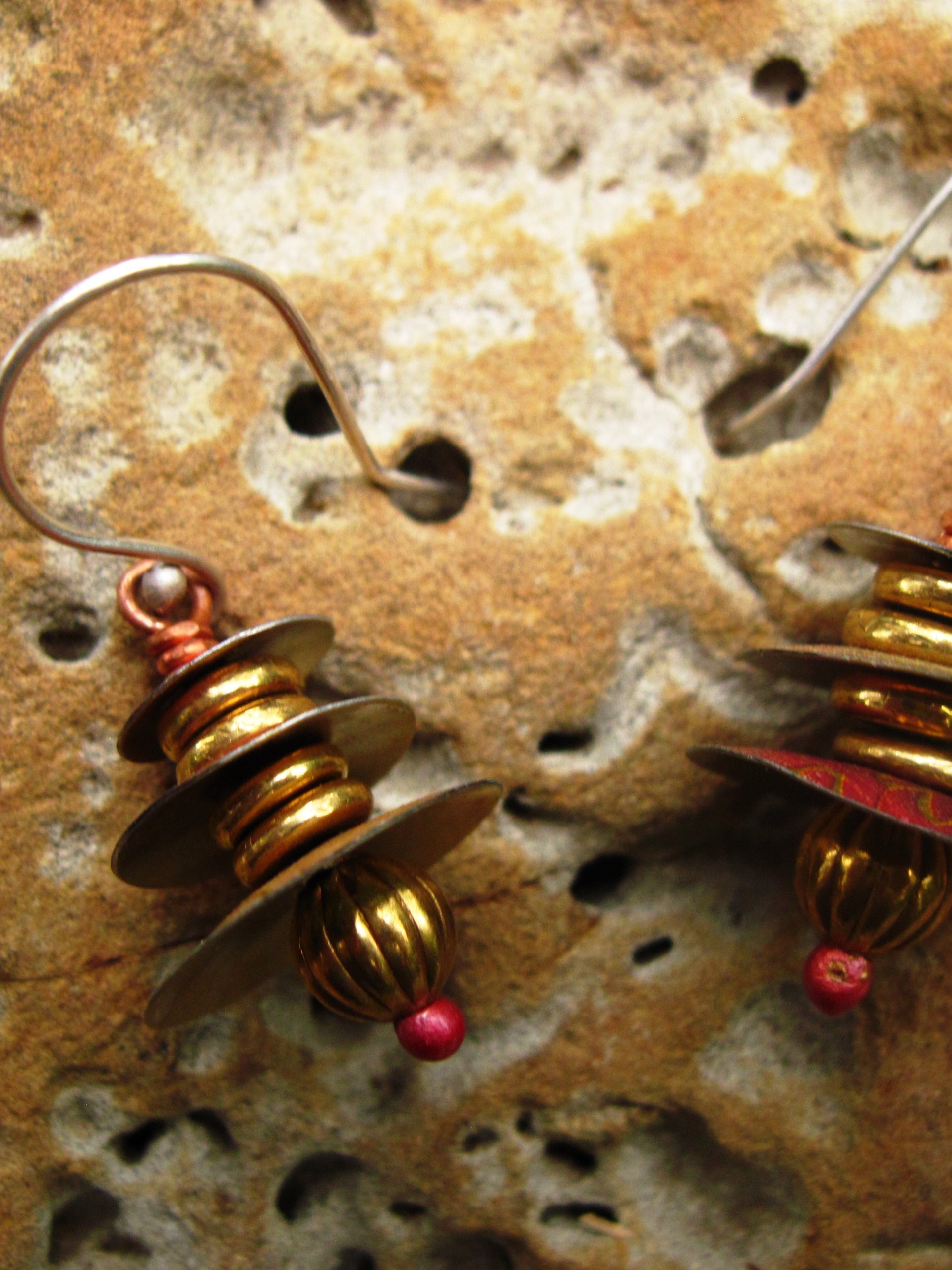 Recycled tin Asian inspired dangle earring with brass and copper
