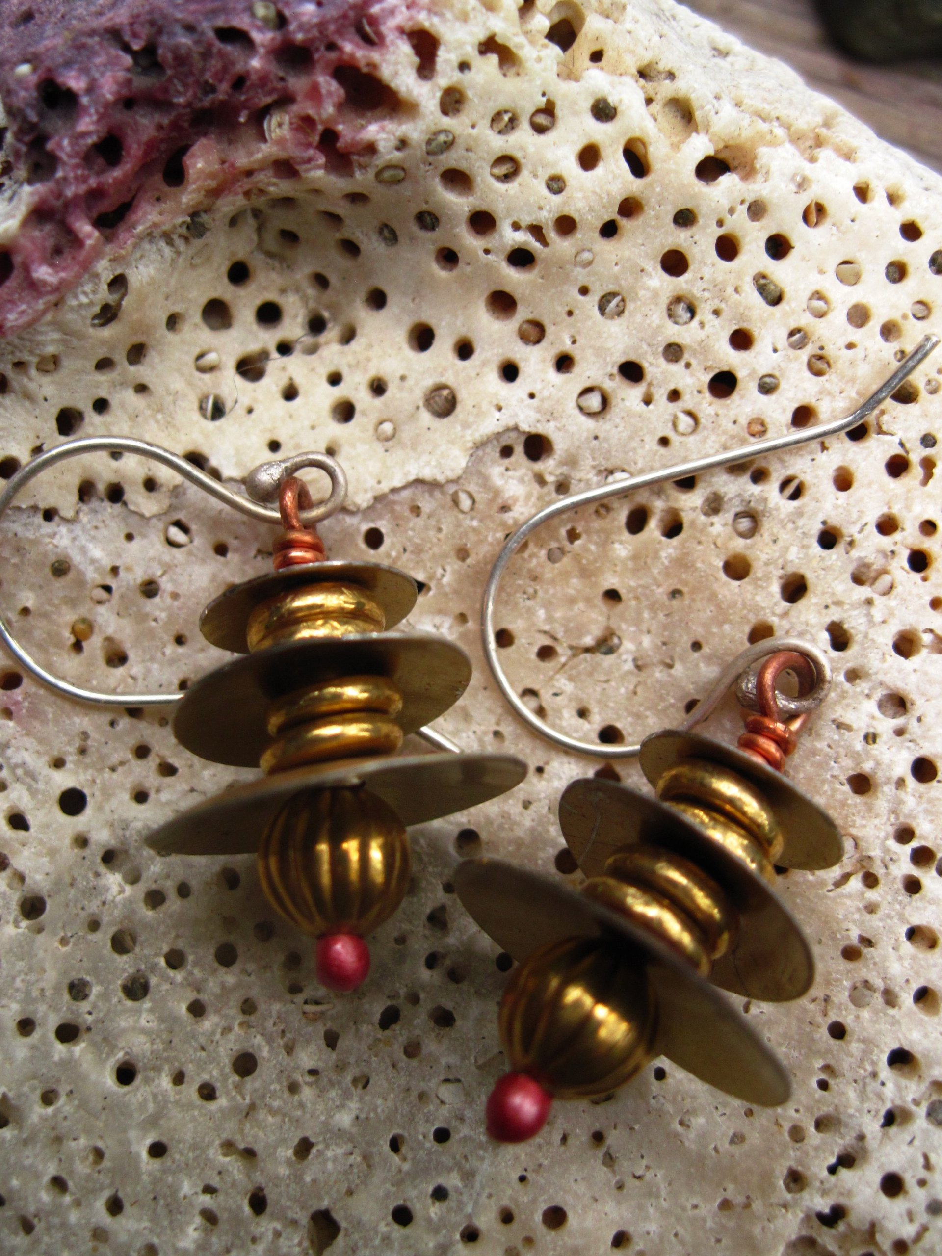 Recycled tin Asian inspired dangle earring with brass and copper