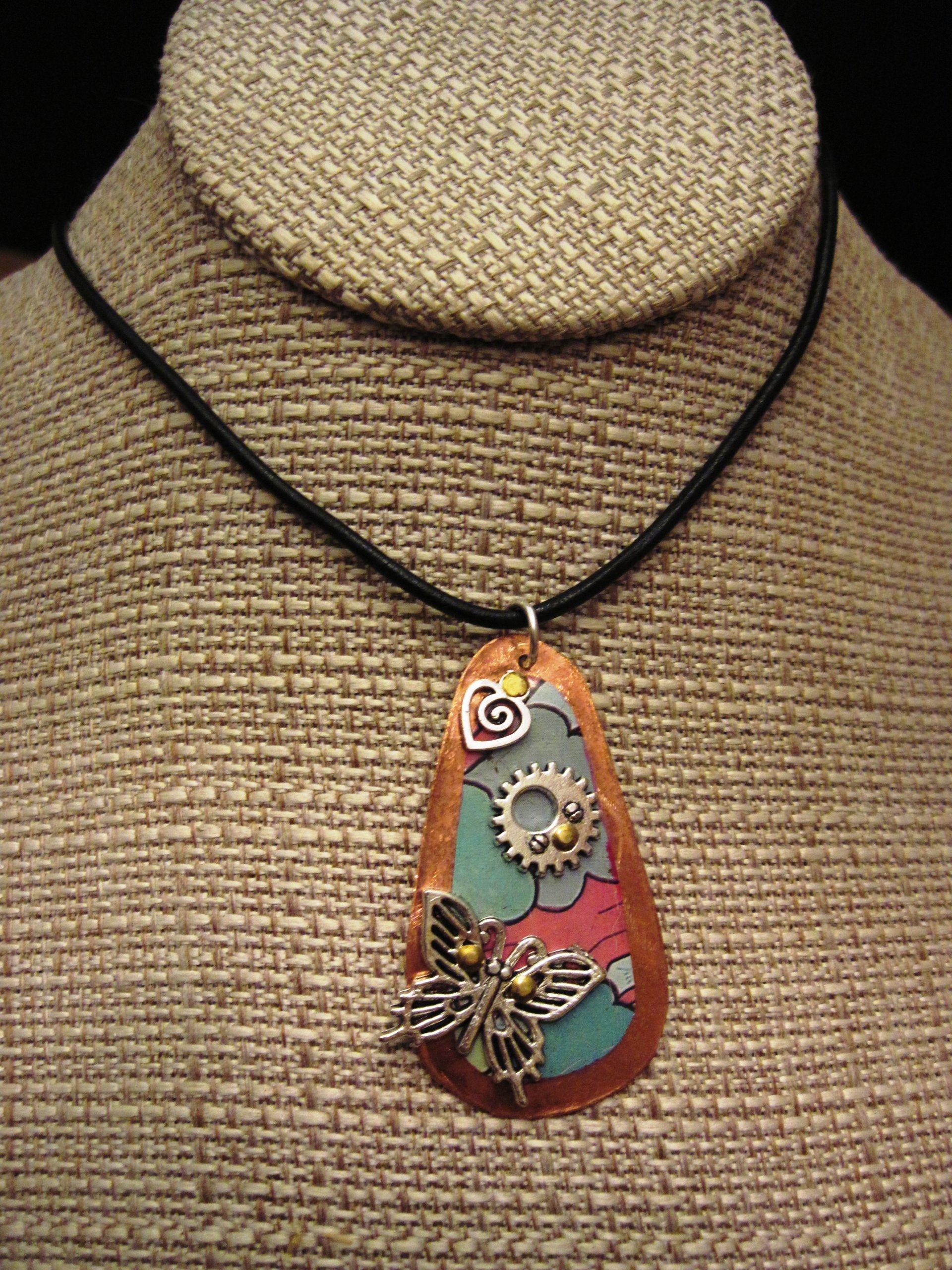 Recycled tin copper pendant with butterfly, gear, heart