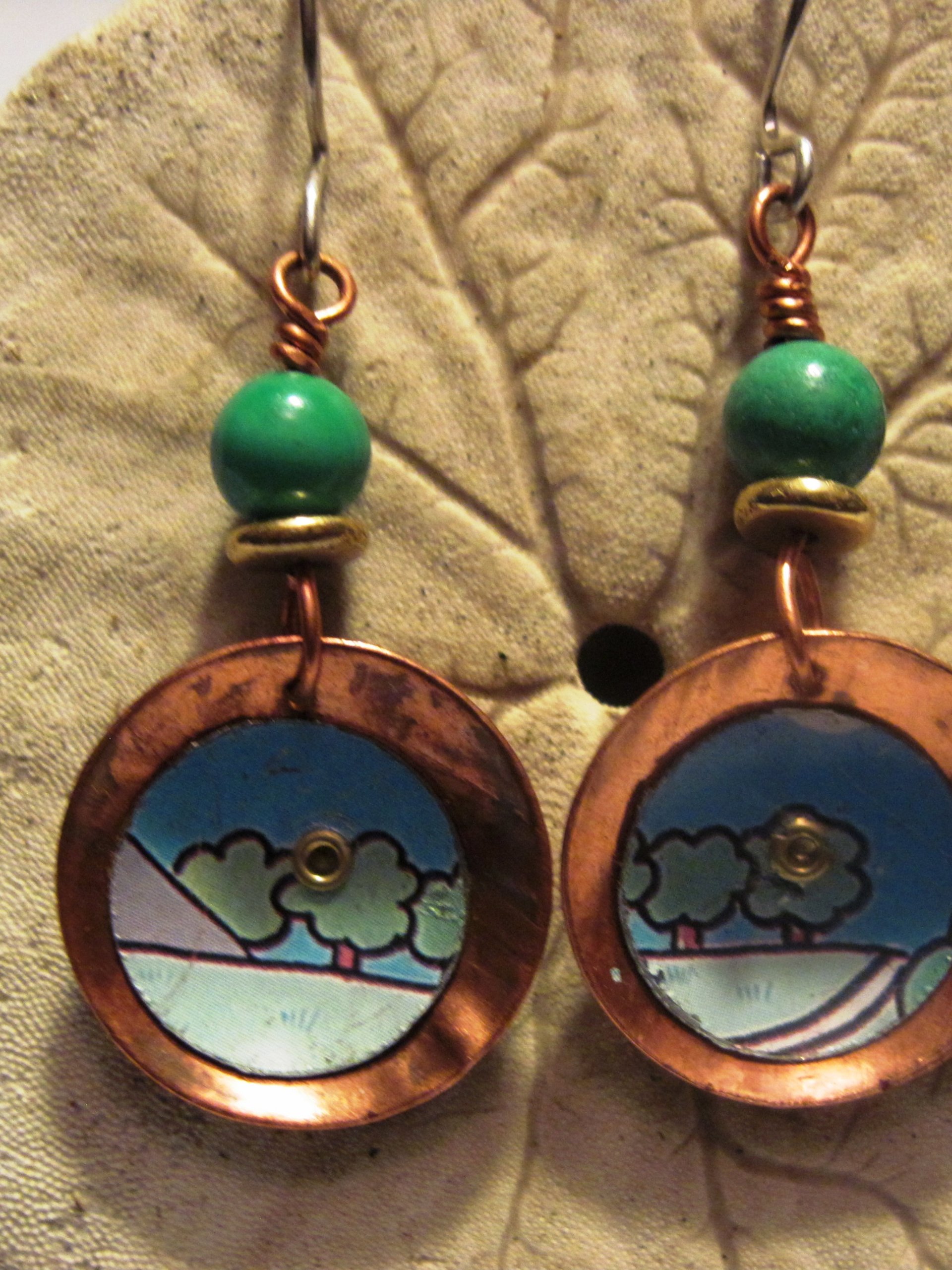 Recycled tin copper dangle earrings with turquoise bead