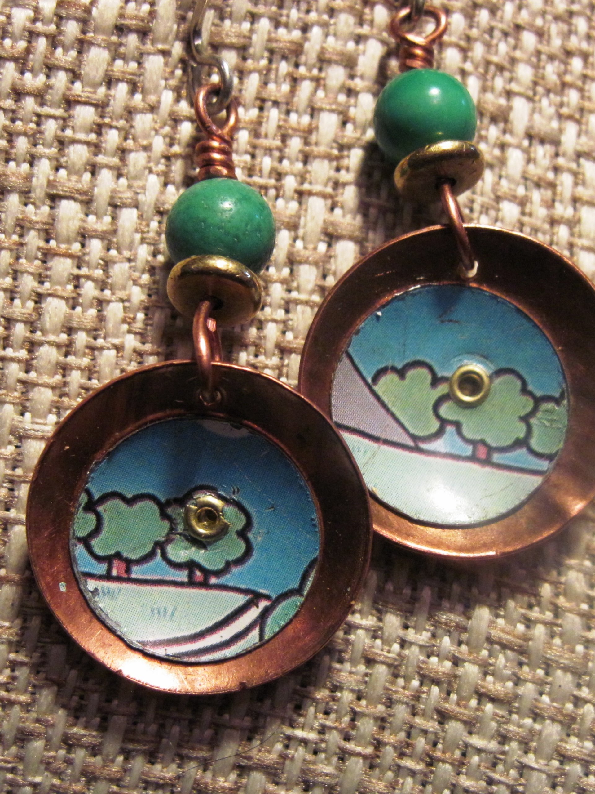 Recycled tin copper dangle earrings with turquoise bead