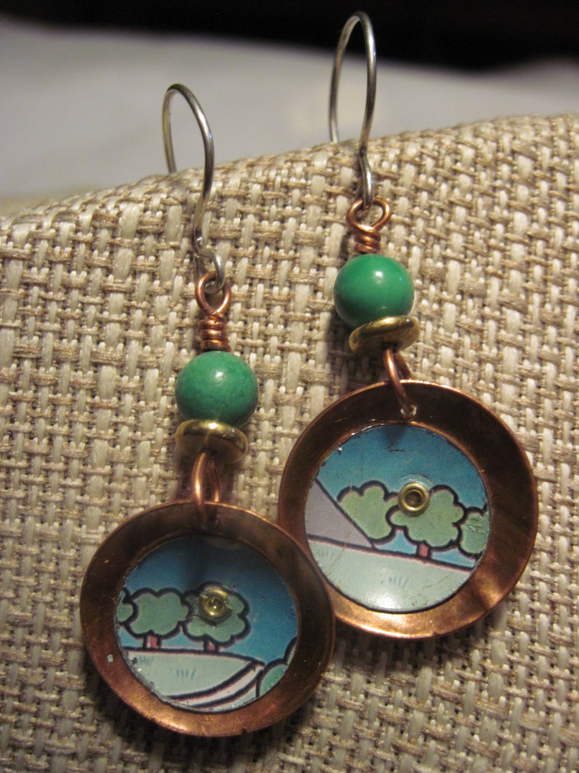 Recycled tin copper dangle earrings with turquoise bead