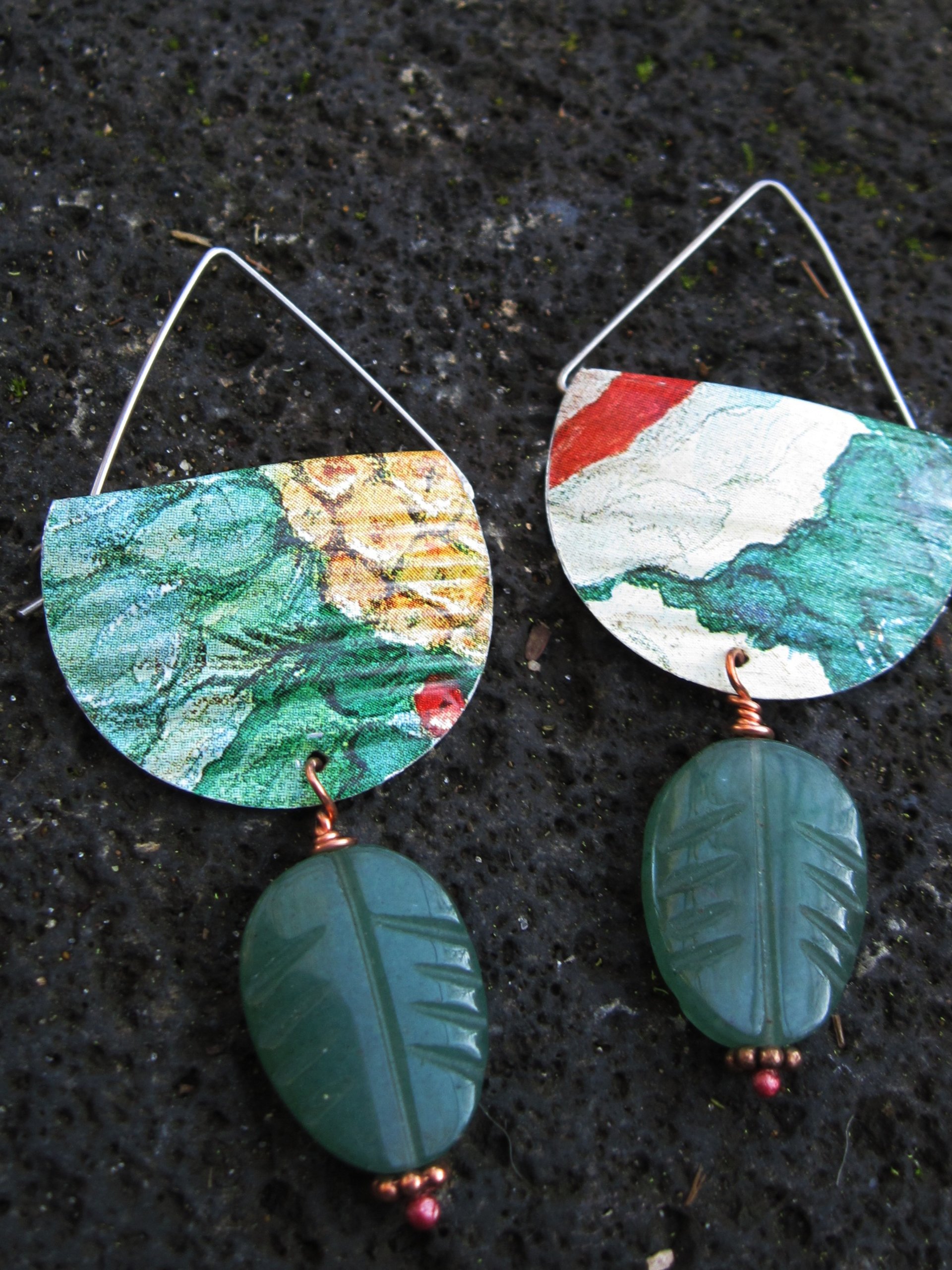 Corrugated tin dangle green earrings with aventurine stone