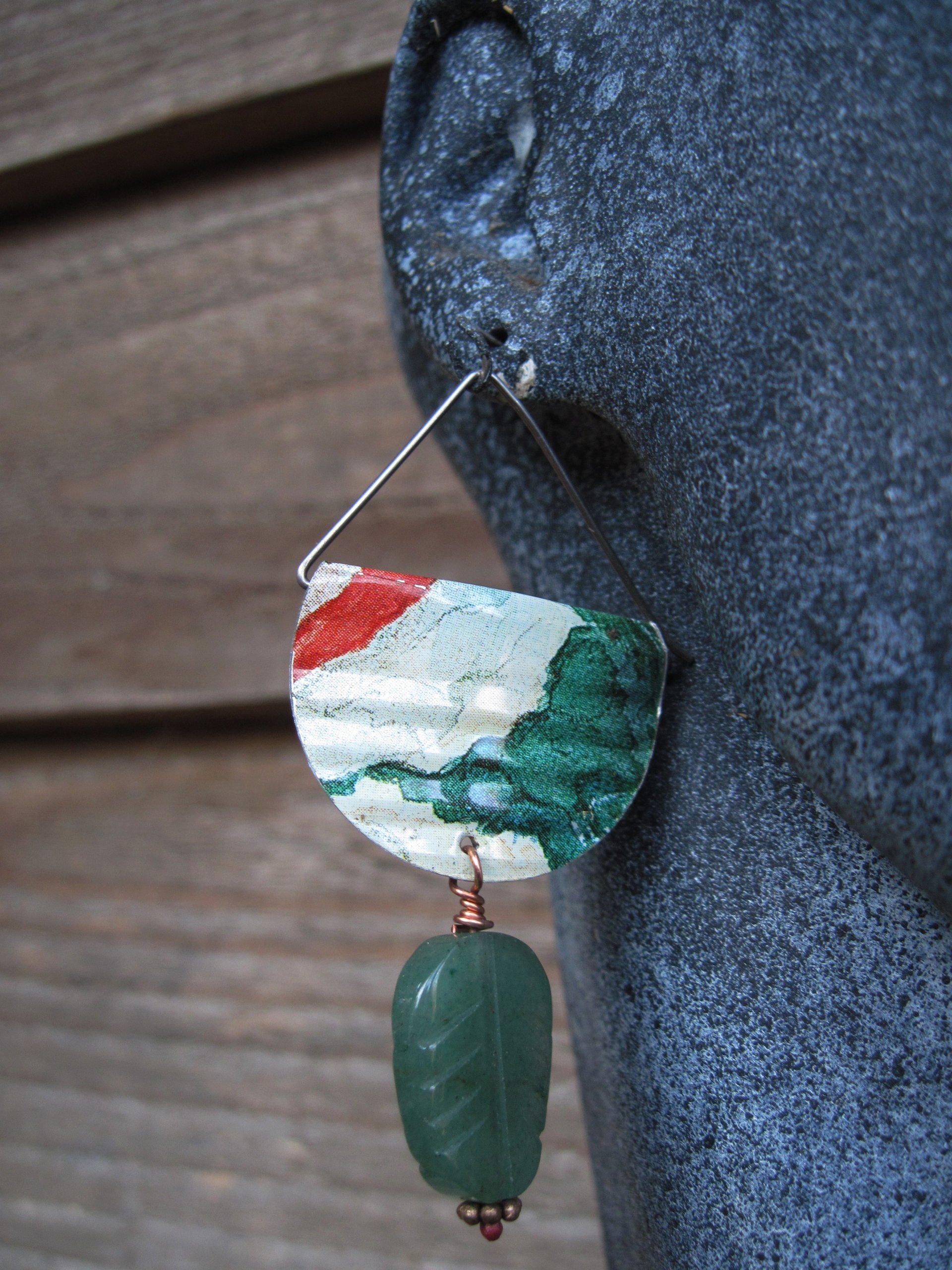 Corrugated tin dangle green earrings with aventurine stone