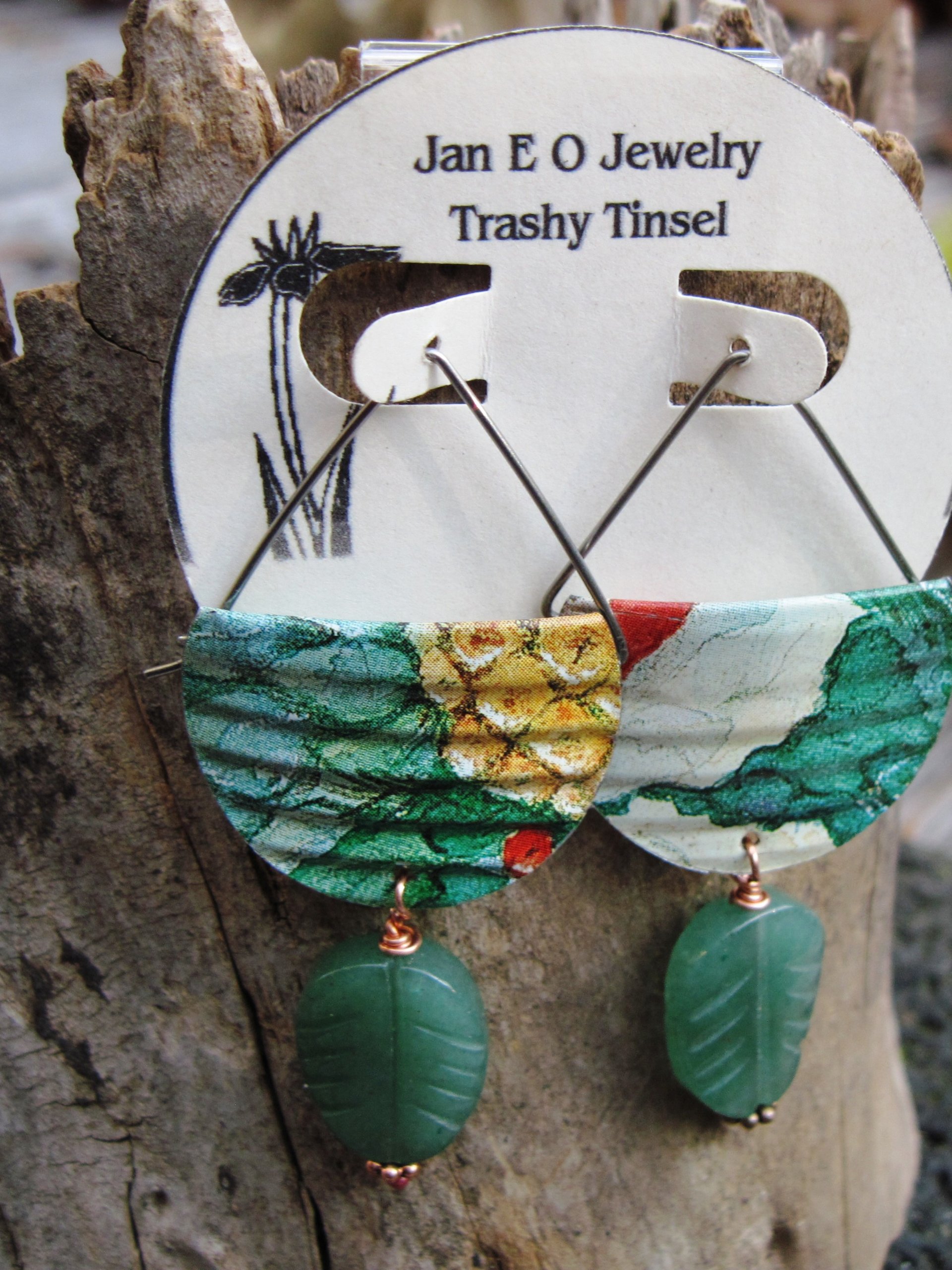 Corrugated tin dangle green earrings with aventurine stone