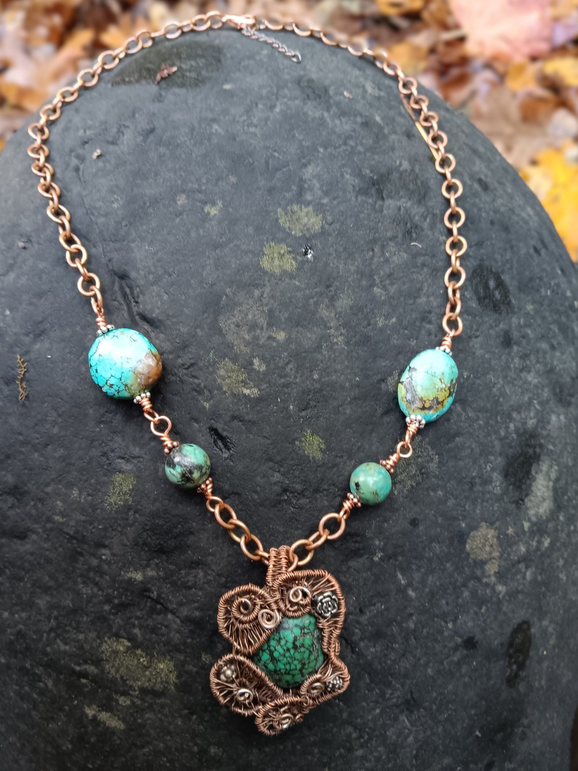 Copper and silver wire woven turquoise pendant with turquoise and copper chain
