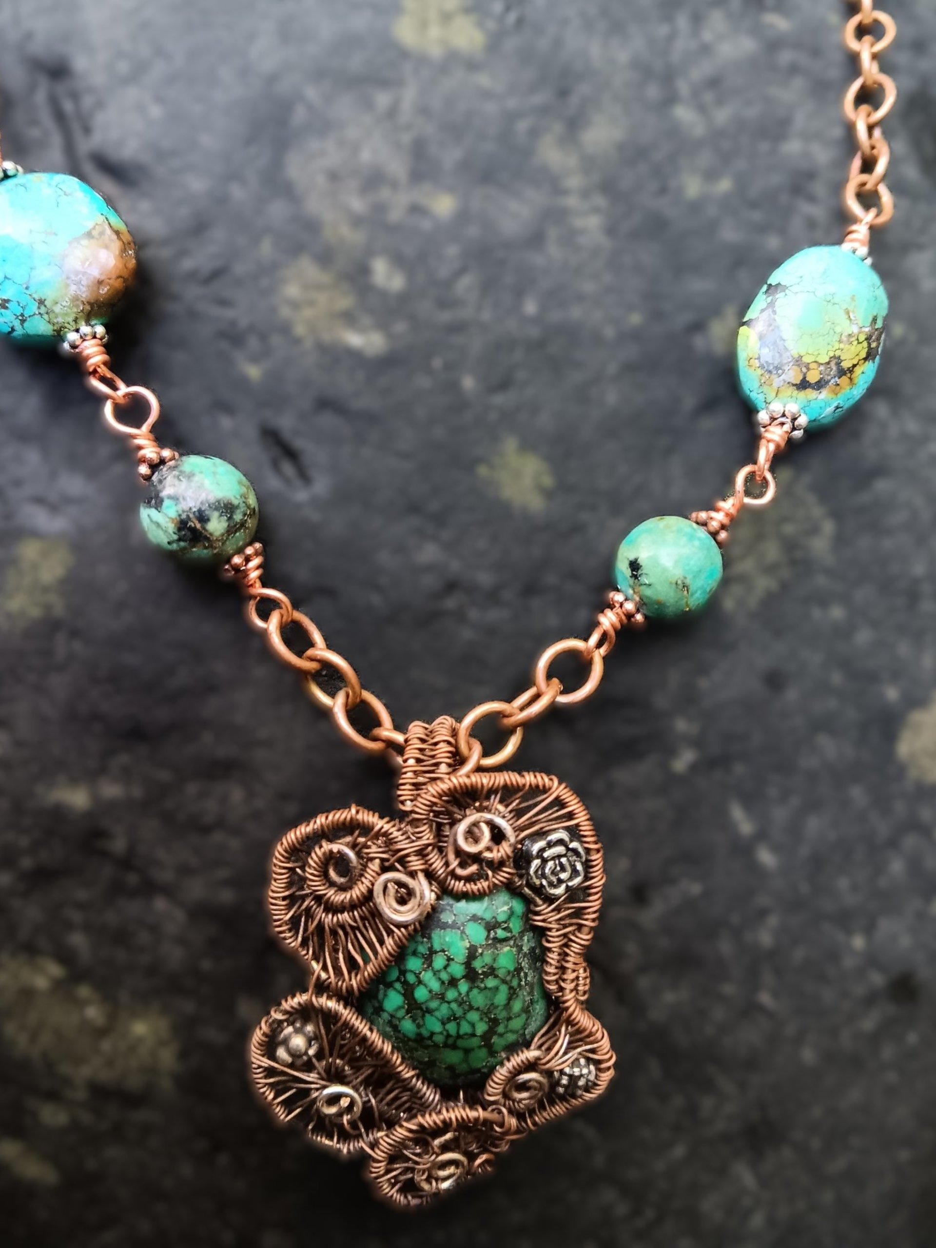 Copper and silver wire woven turquoise pendant with turquoise and copper chain