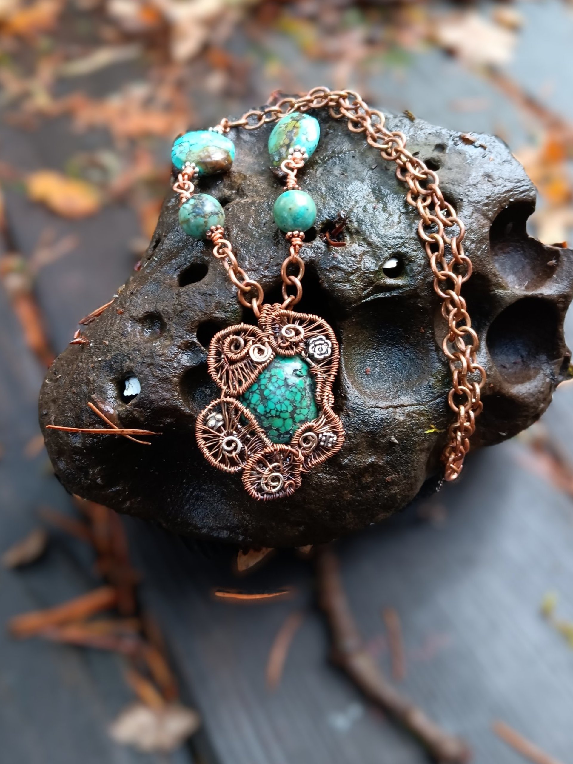 Copper and silver wire woven turquoise pendant with turquoise and copper chain