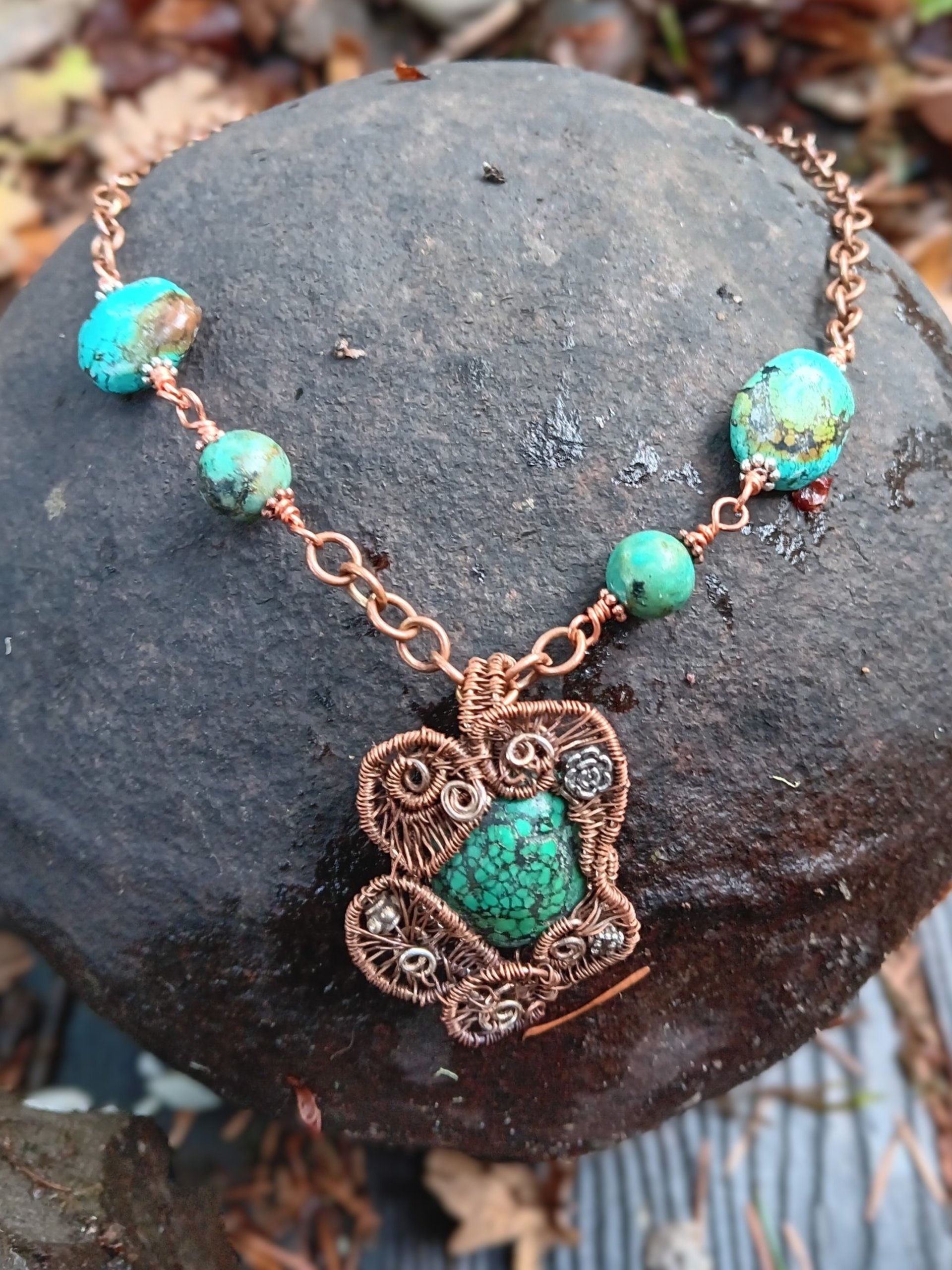 Copper and silver wire woven turquoise pendant with turquoise and copper chain