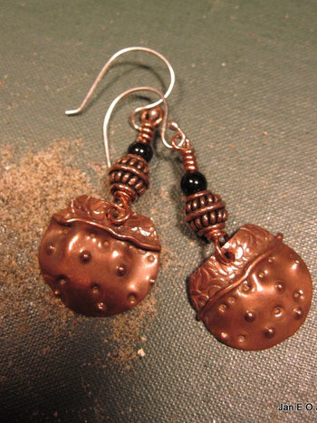 Copper fold form tribal black onyx dangle earrings