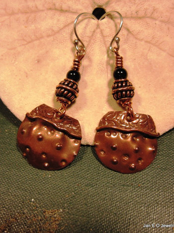 Copper fold form tribal black onyx dangle earrings
