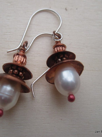 Fresh water white pearl and copper dangle earrings