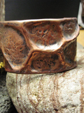 Wide Tribal  Air Chased Copper Cuff Bracelet Forged