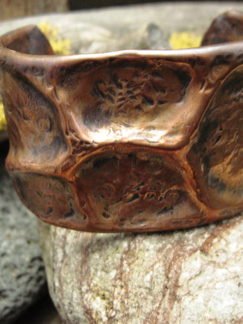 Wide Tribal  Air Chased Copper Cuff Bracelet Forged