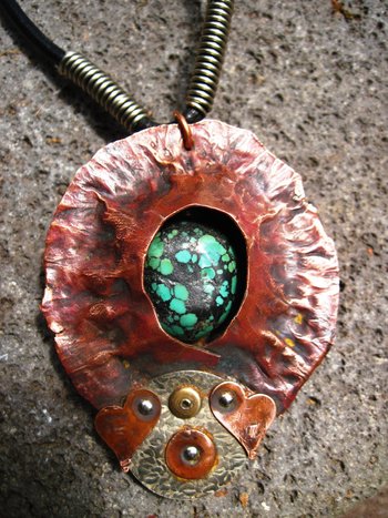 Copper mixed metal large fold form cocoon pendant with turquoise