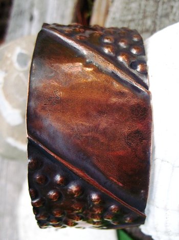 Textured copper fold form antiqued tribal cuff bracelet