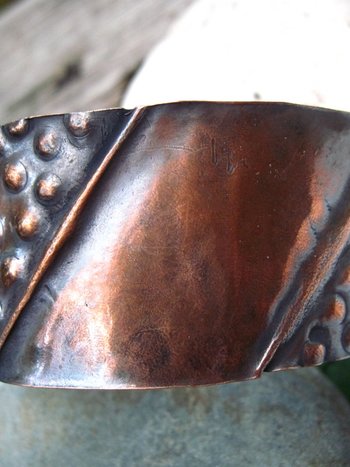 Textured copper fold form antiqued tribal cuff bracelet