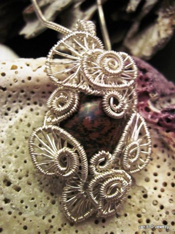 Handmade wire wrap Jasper gemstone cabochon pendant  one of a kind jewelry