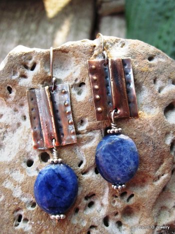 Tribal fold form copper and sodalite healing earrings