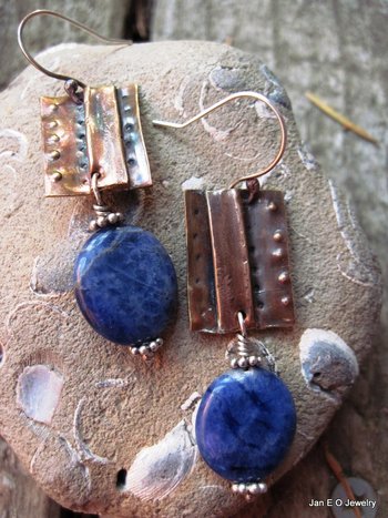 Tribal fold form copper and sodalite healing earrings