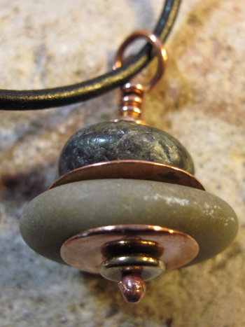 Om rock cairn stacked stone beach rock pendant with copper
