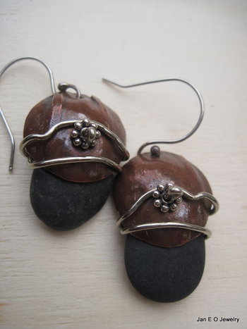 Natural beach stone and copper Om rock earrings