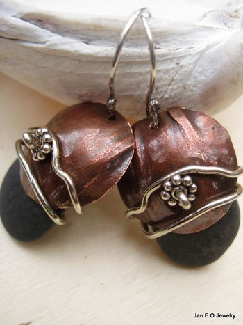 Natural beach stone and copper Om rock earrings