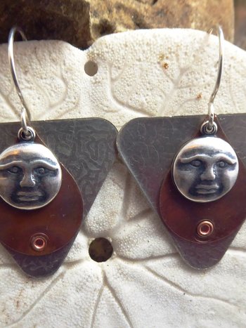 Mixed metal moon face dangle earrings copper and German silver