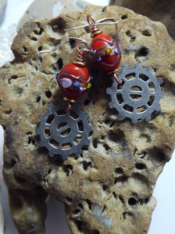 Geared up steampunk orange lampwork dangle earrings