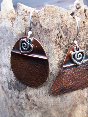 Tribal copper forged foldform boho gypsy hippie dangle mix matched earrings
