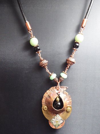 Copper forged fold form mixed metal cocoon pendant with beads