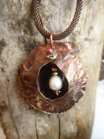 Freshwater pearl and Copper Fold Form Cocoon  Tribal Pendant