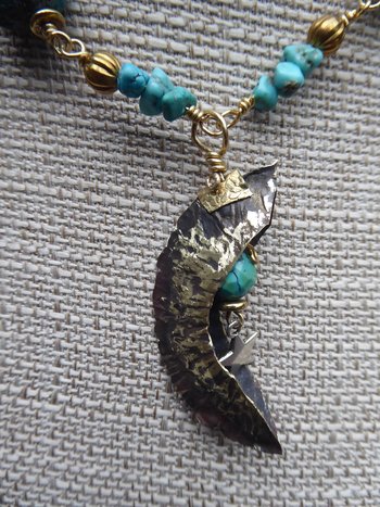 Organic, tribal fold form turquoise gemstone bronze crescent moon pendant with t