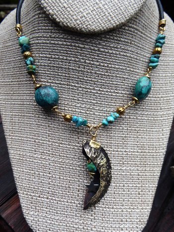 Organic, tribal fold form turquoise gemstone bronze crescent moon pendant with t