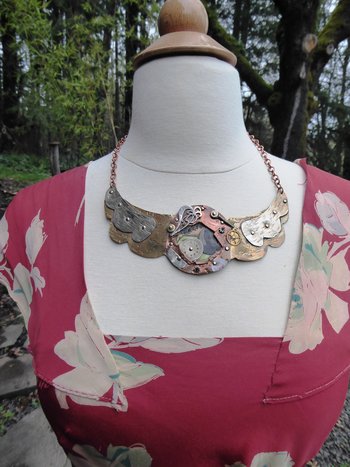 Steampunk winged mixed metal recycled breastplate neckpiece one of a kind statem