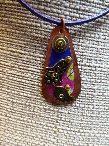 Hamsa  amulet Hand of Fatima recycled tin mixed metal spiritual pendant  bird in