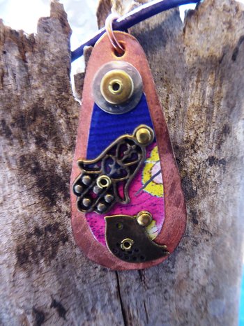 Hamsa  amulet Hand of Fatima recycled tin mixed metal spiritual pendant  bird in