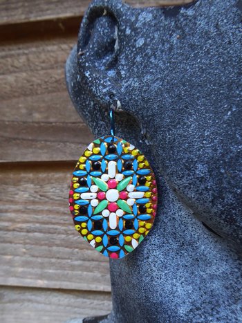 Colorful dangle statement earrings from recycled vintage tin