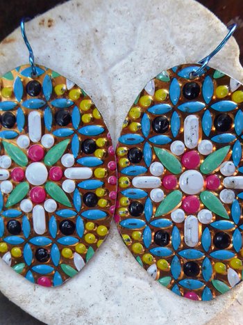 Colorful dangle statement earrings from recycled vintage tin