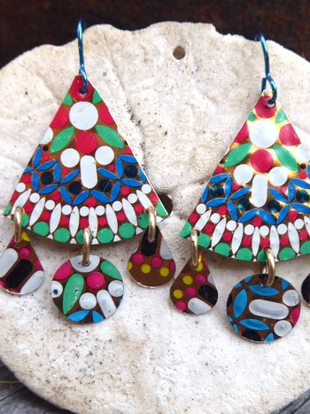 Multicolor gypsy boho recycled tin dangle earring