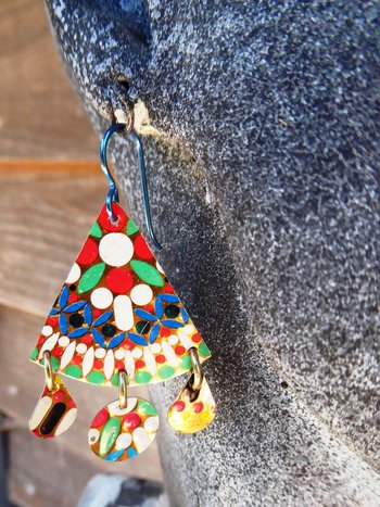 Multicolor gypsy boho recycled tin dangle earring
