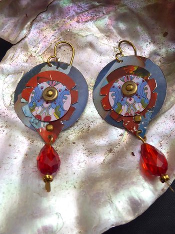 Trashy Tinsel dangle tin earrings in reds and blues
