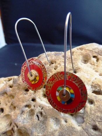 Festive red recycled tin large hoop dangles in a unique design