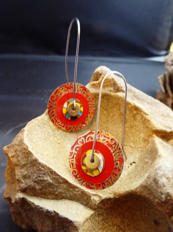 Festive red recycled tin large hoop dangles in a unique design