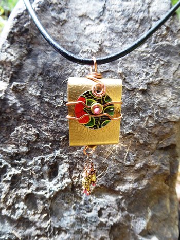 Tibetan inspired prayer pendant in brass with recycled tin word - Trust