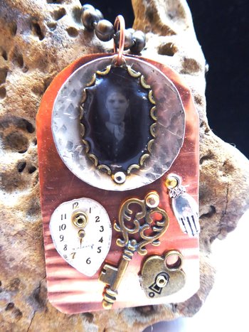 Mixed metals steampunk copper pendant with old tintype photo and charms