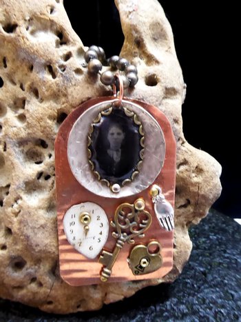 Mixed metals steampunk copper pendant with old tintype photo and charms